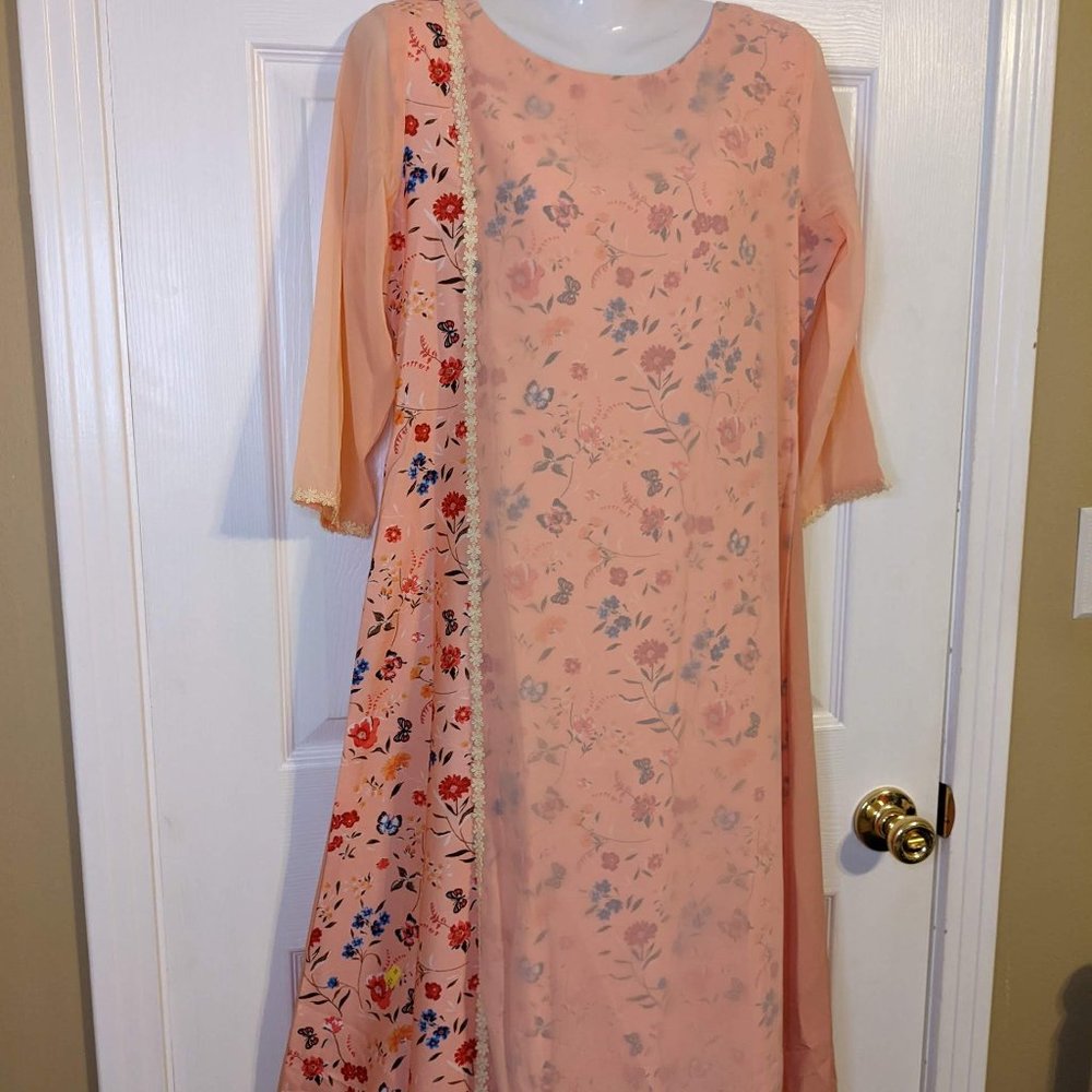 Janasya Floral Peach Sheer Crepe Overlay 3/4 Sleeves Maxi Dress - S/M NWT - Picture 3 of 6